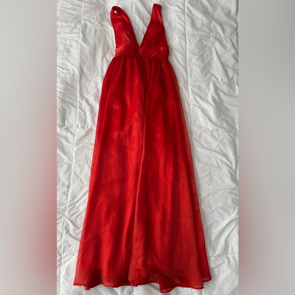 Anthropologie If By Sea Metallic Maxi Gown XS Red Prom Formal Deep Plunge Slit - Picture 6 of 12